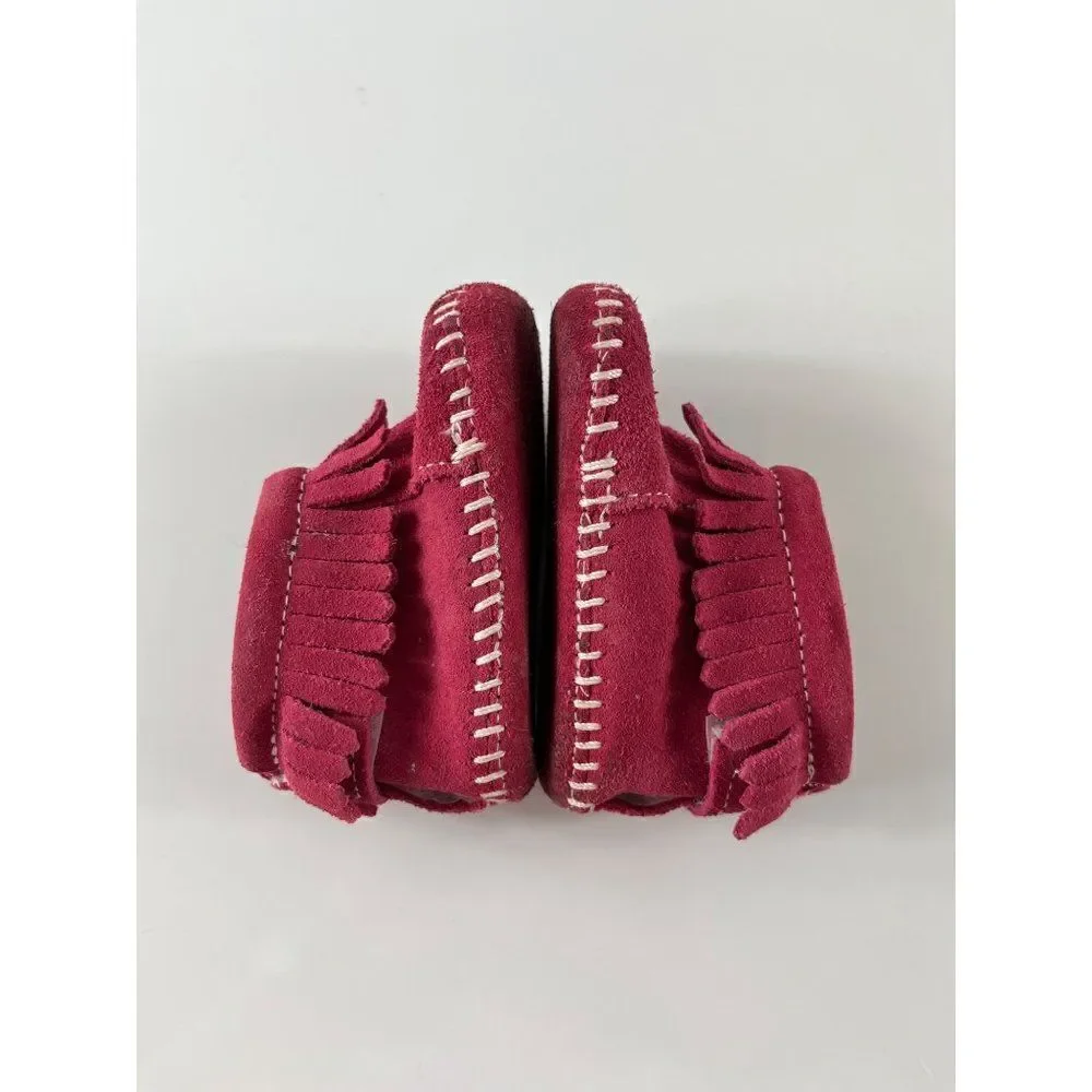 Minnetonka Infant Back Flap Suede Fringe Bootie Moccasins Baby Size 1 Red Pink